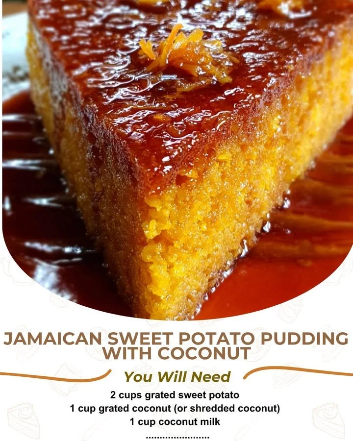 Delicious Jamaican sweet potato pudding topped with coconut in a serving dish.
