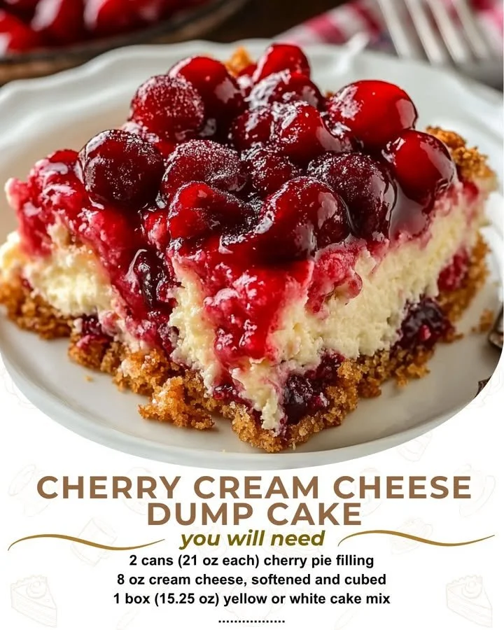 Cherry Cream Cheese Dump Cake topped with cherries and cream cheese frosting.