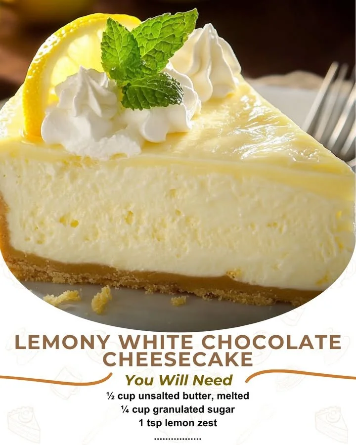 Delicious lemon cheesecake topped with white chocolate for a refreshing dessert.